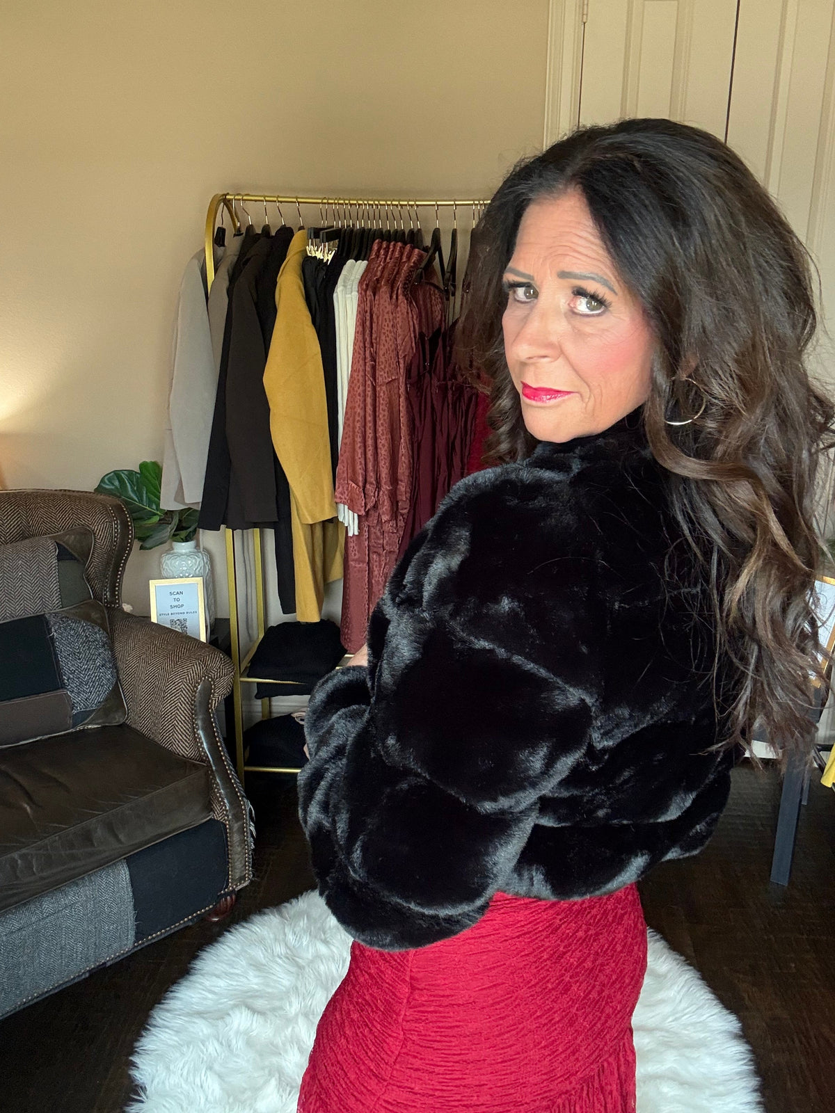 Red strapless lace maxi dress styled with the Luxe black faux fur cropped bolero jacket
