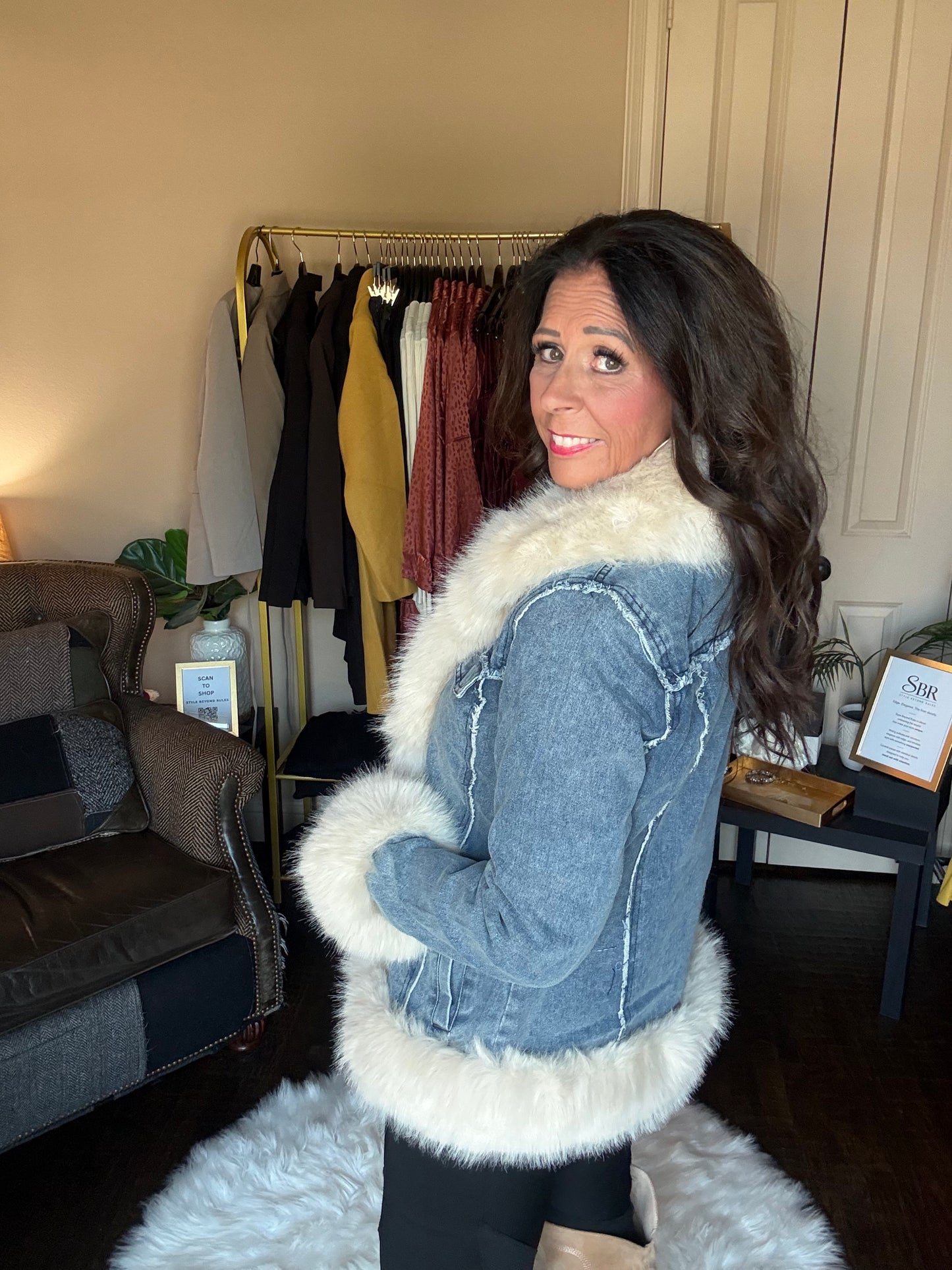 Deborah faux fur-trimmed blue denim jacket, additional product photograph