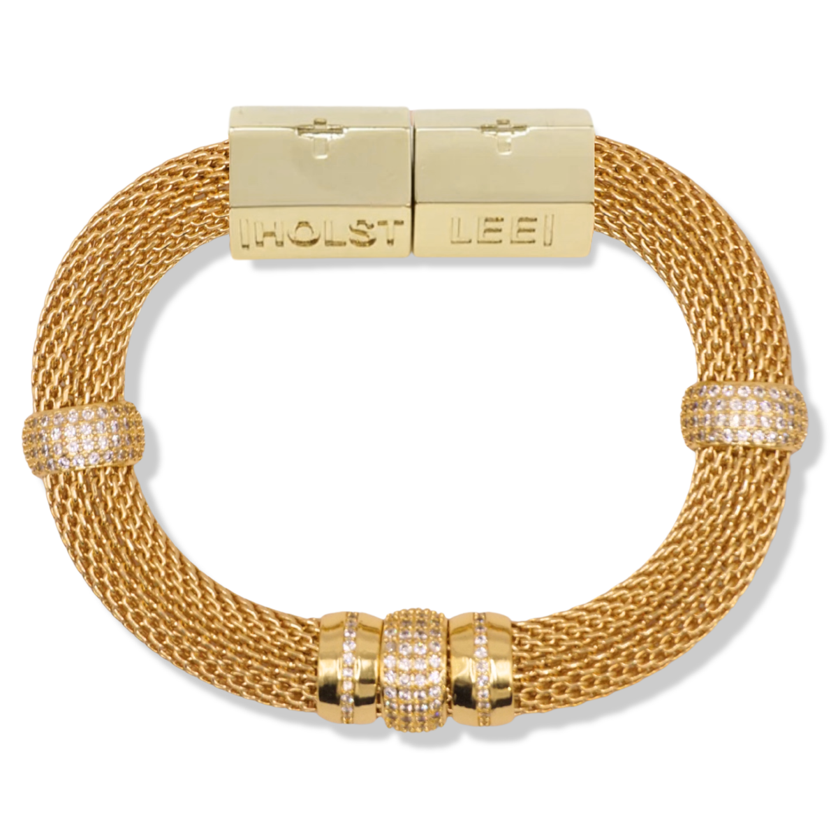 A gold-toned mesh bracelet with a rectangular clasp engraved with 'HOLST LEEI', accented by three bezel-set round crystal clusters on the lower arc and two smaller crystal accents on the opposite side.
