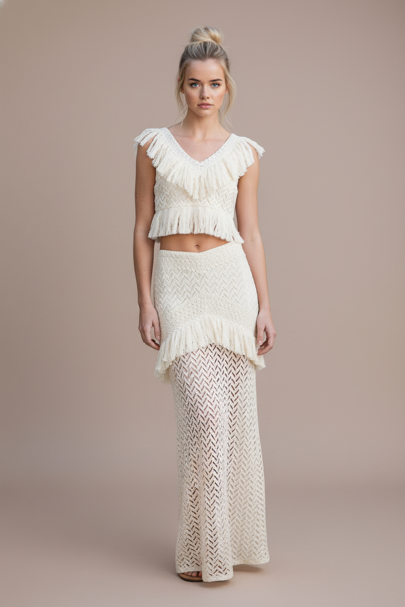 Woman wearing a white lace top and skirt set against a beige background