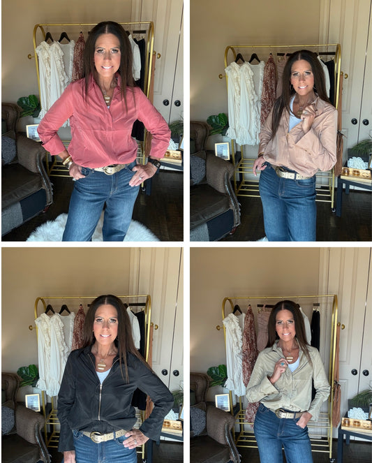 A four-panel collage showing a woman modeling different long-sleeve button-front shirts with jeans in an indoor boutique setting with clothing racks behind her.