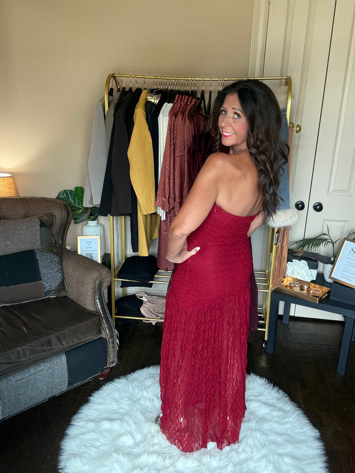 Red ruched strapless lace maxi dress
