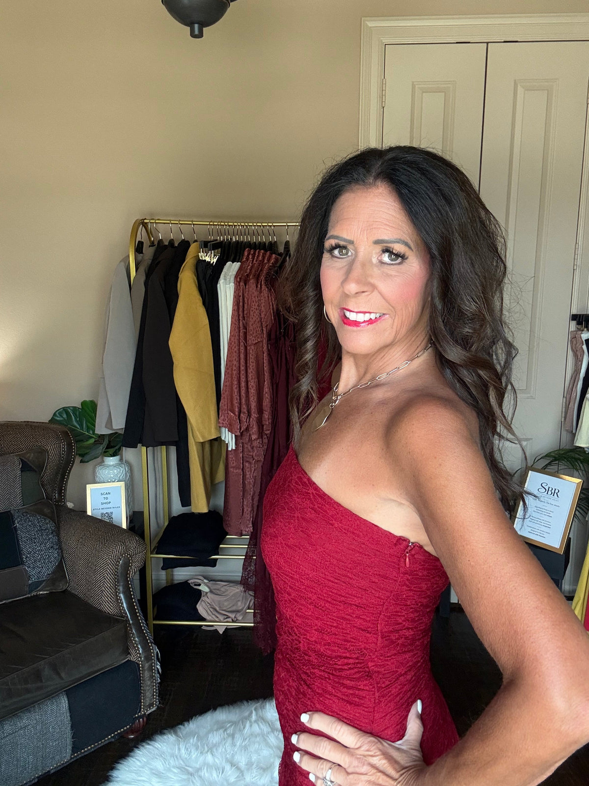Red ruched strapless lace maxi dress