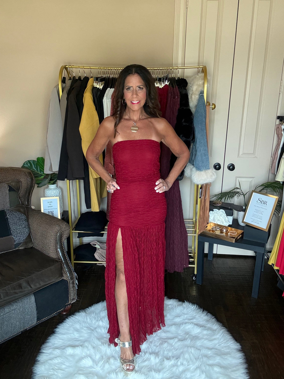 Red ruched strapless lace maxi dress