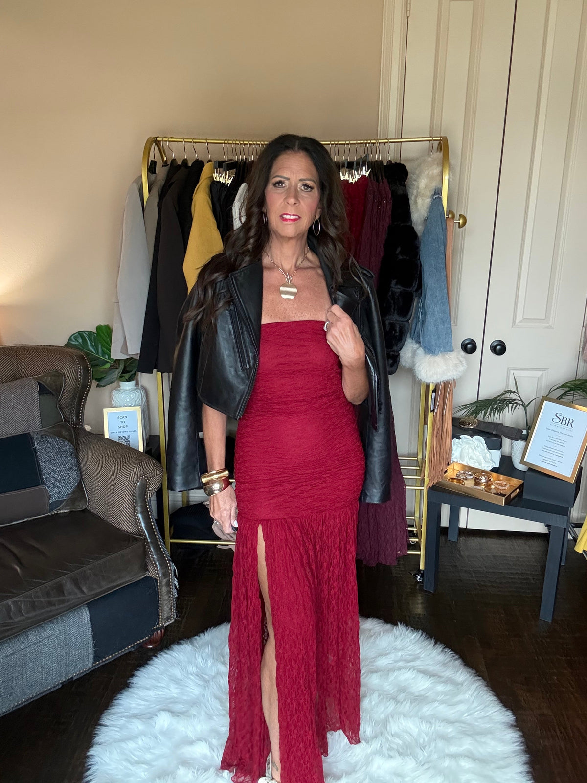 Red ruched strapless lace maxi dress