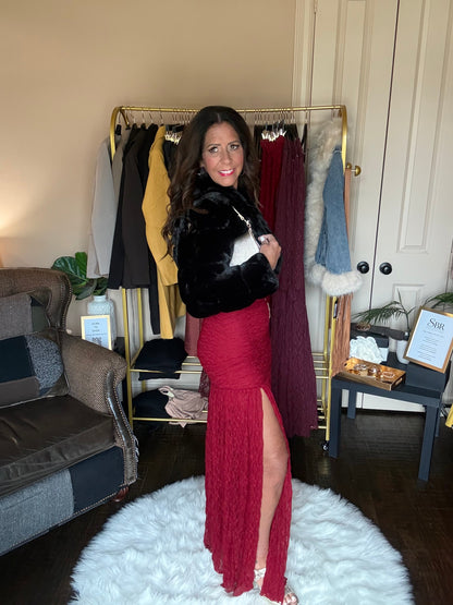 Red ruched strapless lace maxi dress