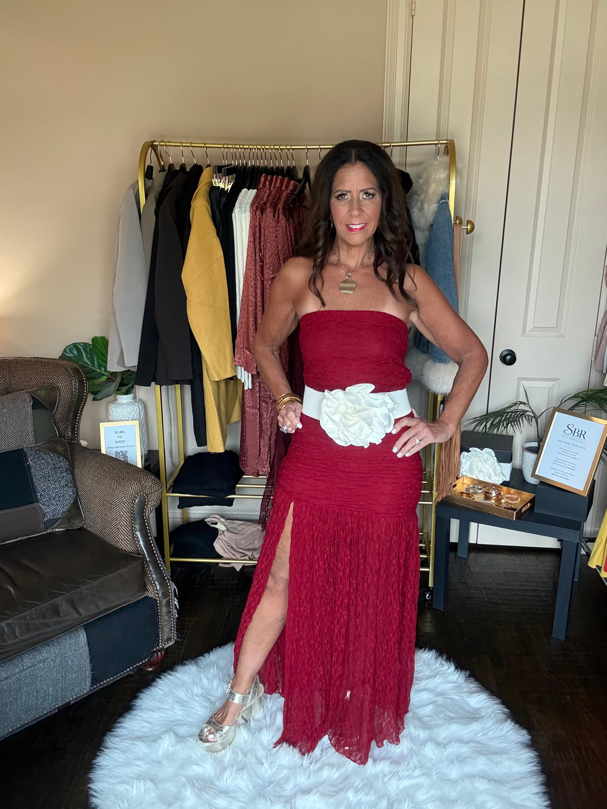 Red ruched strapless lace maxi dress