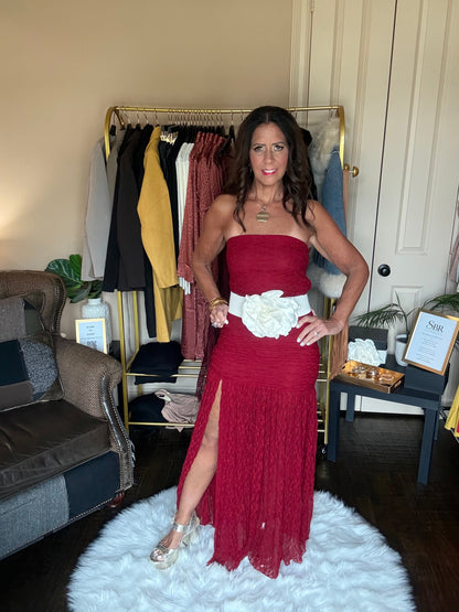 Red ruched strapless lace maxi dress