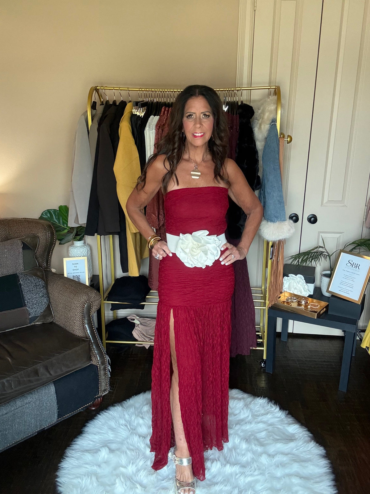 Red ruched strapless lace maxi dress