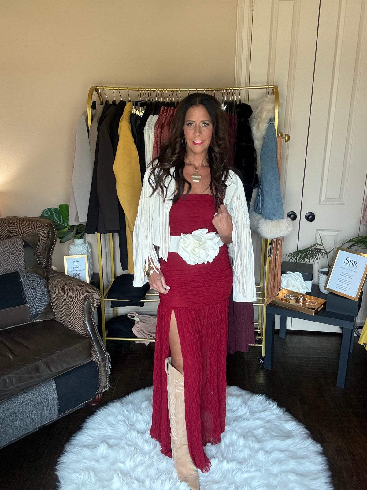 Red ruched strapless lace maxi dress
