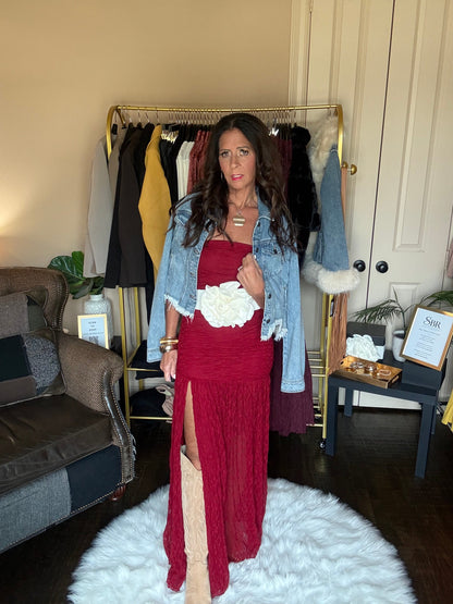 Red ruched strapless lace maxi dress