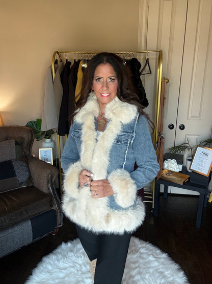 The Deborah blue washed denim jacket with oversized beige faux fur collar and cuffs
