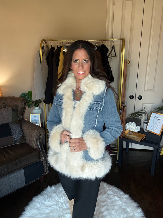 The Deborah blue washed denim jacket with oversized beige faux fur collar and cuffs