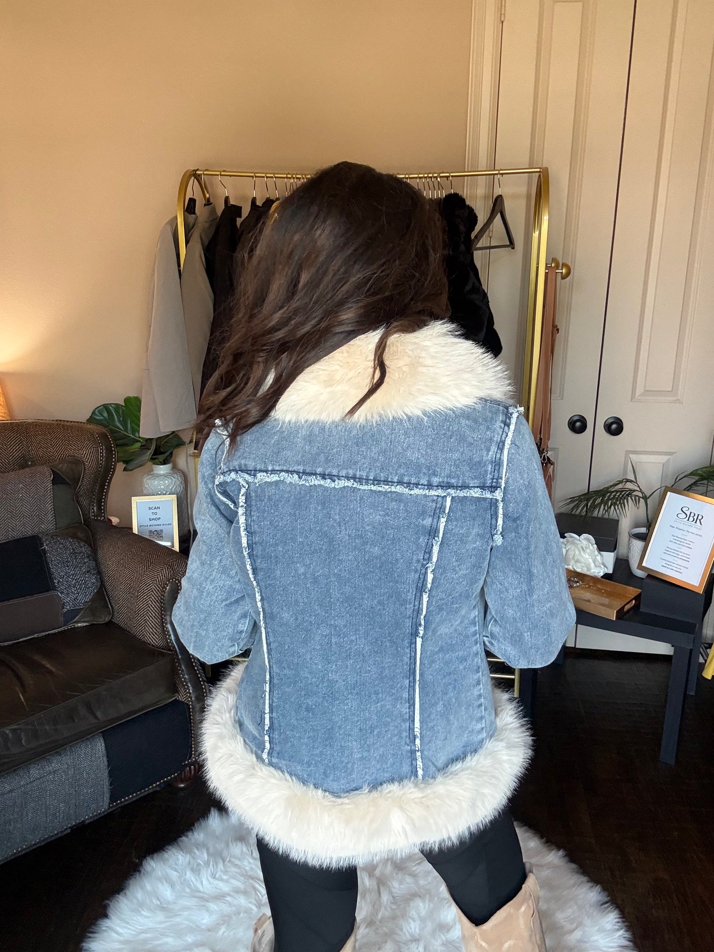The Deborah washed denim jacket with removable beige faux fur trim, alternate view