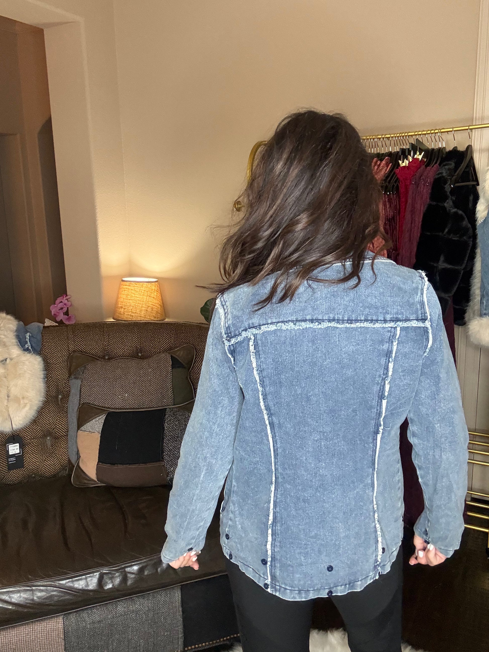 Deborah blue denim jacket featuring plush faux fur collar and cuffs, styled product photo
