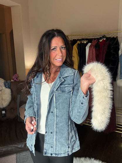 The Deborah faux fur denim jacket in blue and beige, outfit styling photograph