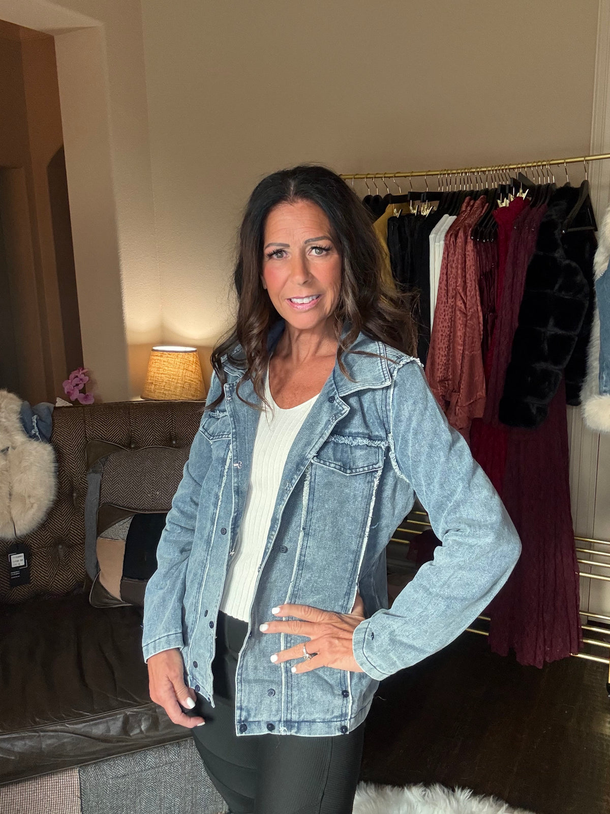 The Deborah faux fur-trimmed denim jacket, additional styling photograph