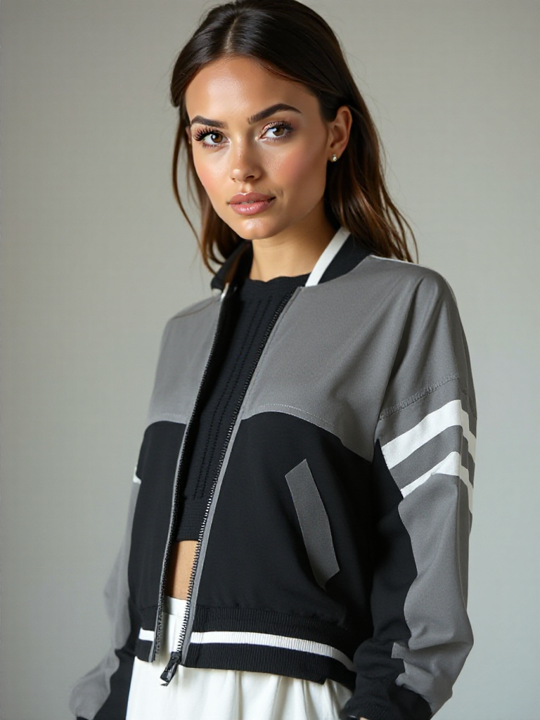 Woman wearing a black and gray jacket with white stripes on a plain background