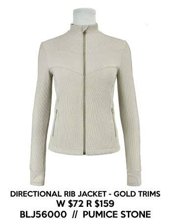 Beige directional rib jacket with gold trims on a mannequin against a white background.