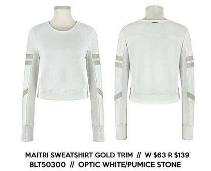 White sweatshirt with gold trim on mannequins against a white background