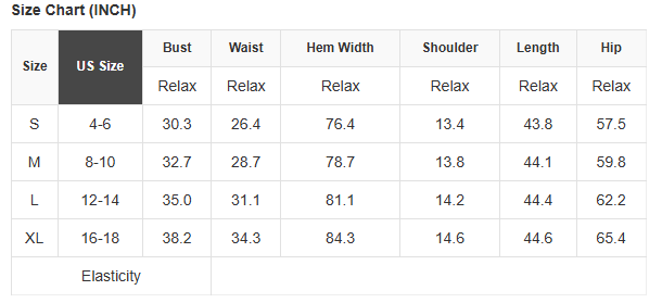 Size chart for clothing measurements in inches with US size categories.