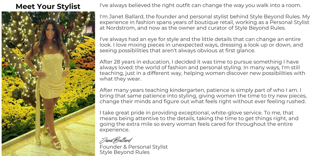 A portrait-style printed card or poster with a yellow-and-black striped top border and the headline 'Meet Your Stylist' in black text. The main content is a long white text block signed 'Jean Ballard' and 'Style Beyond Rules,' with a small color photograph of a woman in a yellow-and-black striped dress standing outdoors beside a tree.